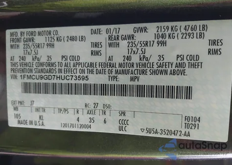 2017 Ford Escape Se from USA, damaged, VIN 1FMCU9GD7HUC73595